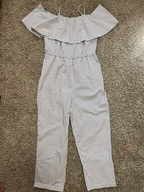 NEW Bluenotes White Pinstripe Off-Shoulder Jumpsuit With Pocket adjustable Strap